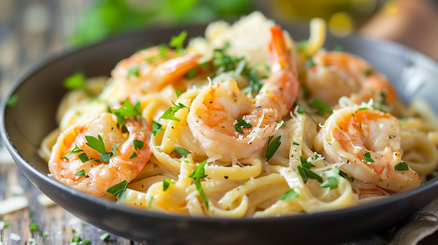 Quick and Delicious 20-Minute Shrimp Pasta You’ll Love! 4 Creamy shrimp pasta with golden seared shrimp, garlic butter sauce, parmesan, and parsley on a rustic table.