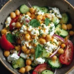 A bowl of Cottage Cheese and Chickpea Salad garnished with fresh herbs.