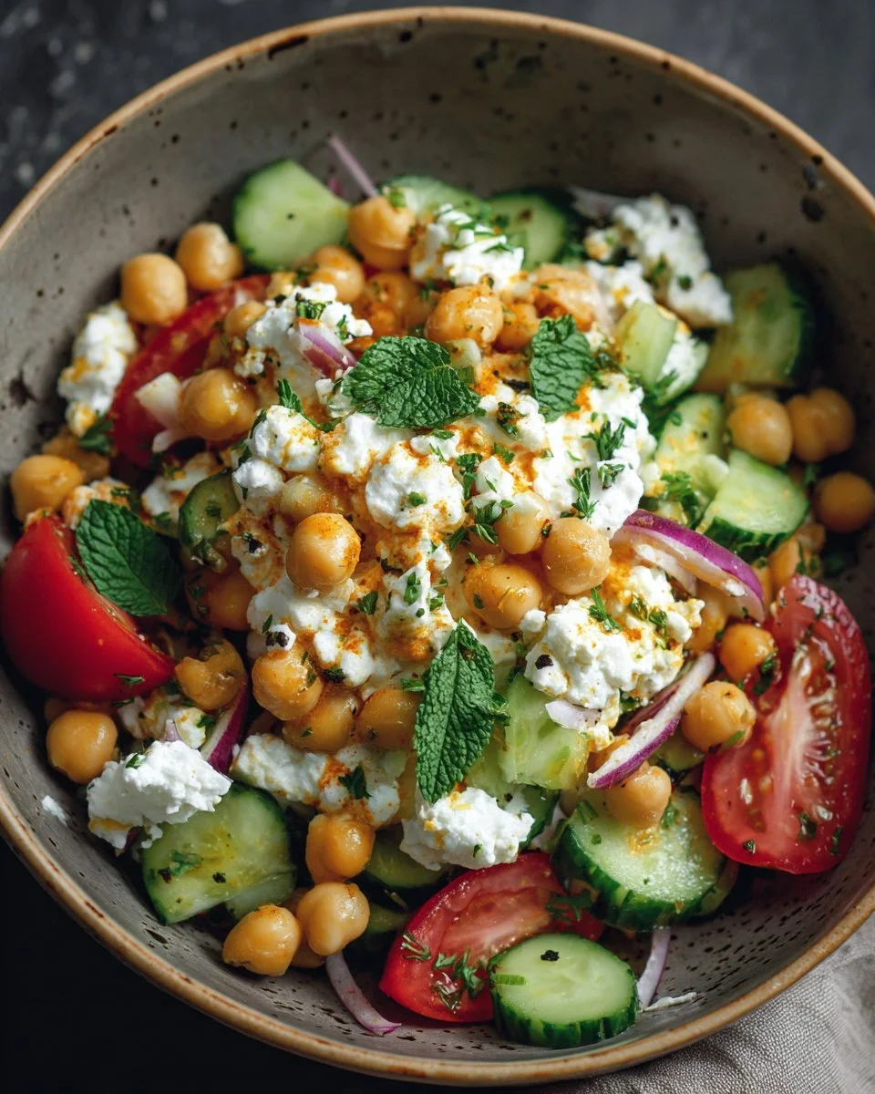 Cottage Cheese and Chickpea Salad – Creamy, Protein-Packed & Satisfying 2 A bowl of Cottage Cheese and Chickpea Salad garnished with fresh herbs.