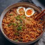 Bowl of easy saucy ramen noodles with fresh vegetables and a drizzle of sauce