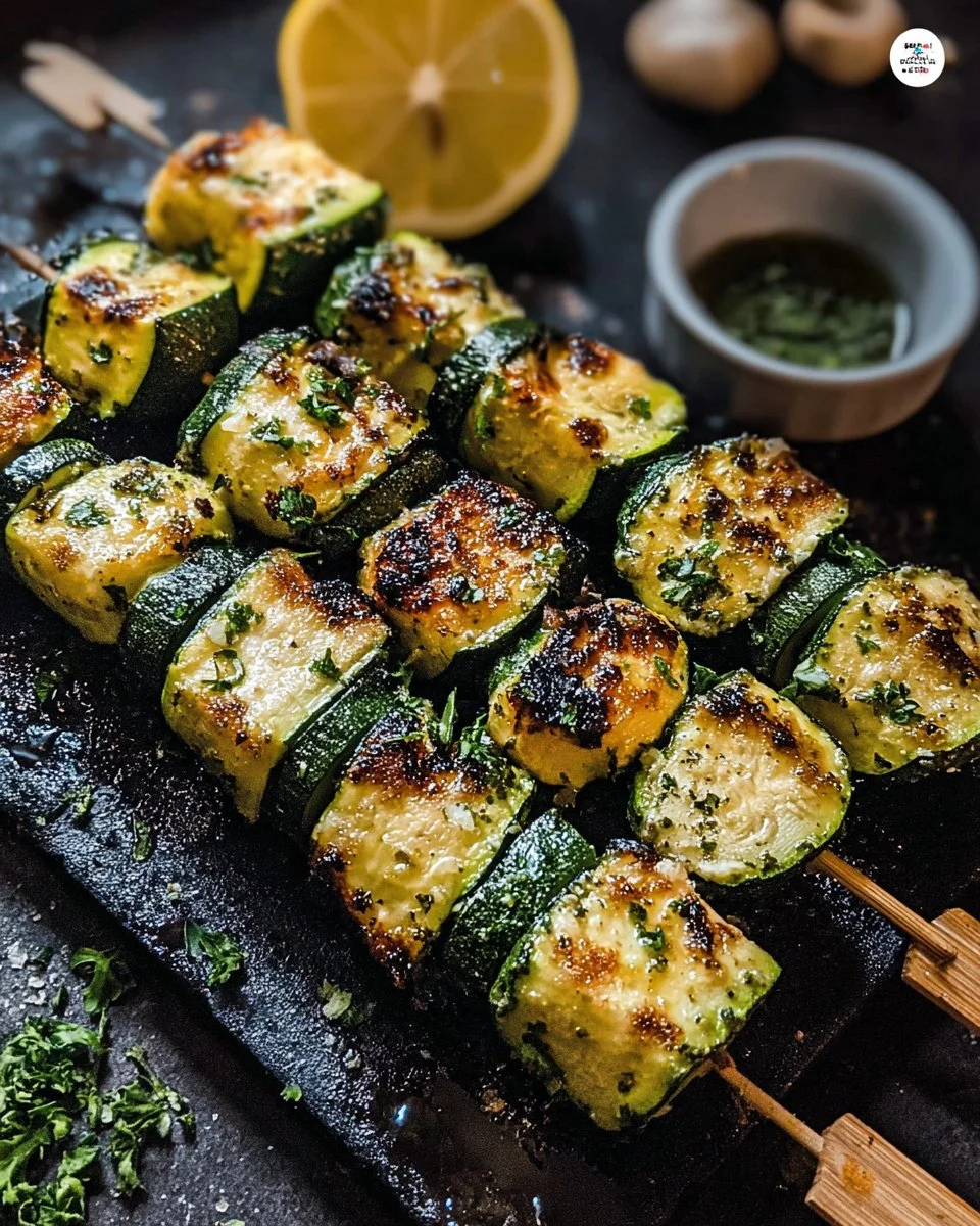 Garlic Butter Zucchini Skewers – Juicy, Flavor-Packed & Perfect for Grilling 2 Delicious garlic butter zucchini skewers on a grill