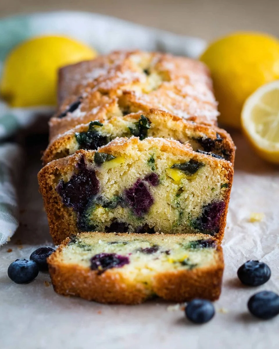 Lemon Blueberry Zucchini Bread – Moist, Bright & Bursting with Fresh Flavor 2 Sliced lemon blueberry zucchini bread on a wooden board