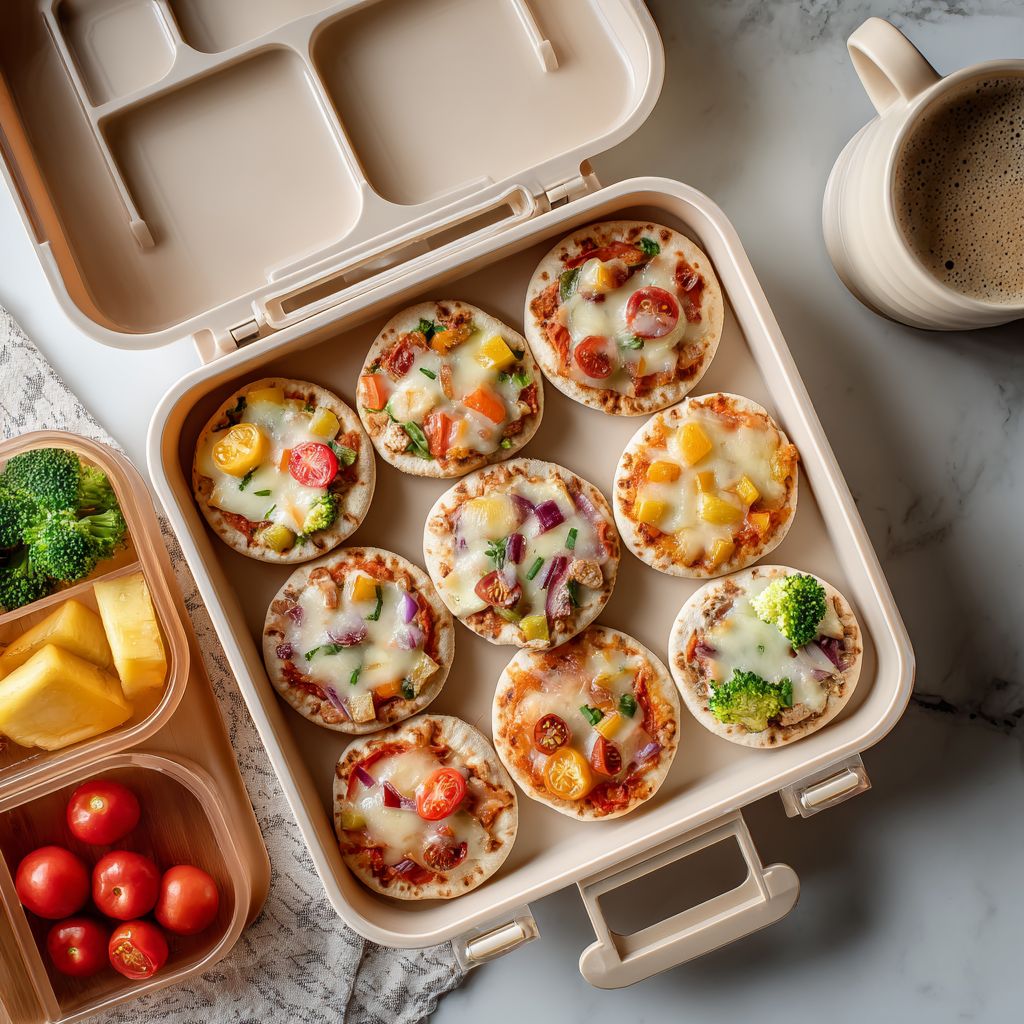 7 Easy Mini Pizza Recipes for Back-to-School Lunchboxes 5 Assorted mini pizzas with colorful vegetable toppings arranged on white marble kitchen counter with open lunch box containing packed mini pizza, demonstrating easy back-to-school lunch preparation