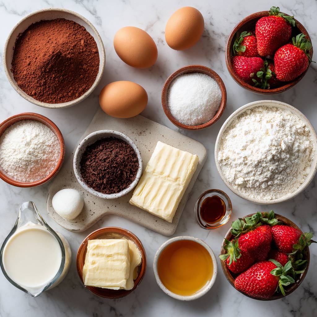 Irresistible Neapolitan Cake to Satisfy Your Sweet Cravings 2 Ingredients for Neapolitan cake including cocoa powder, flour, eggs, sugar, strawberries, and butter