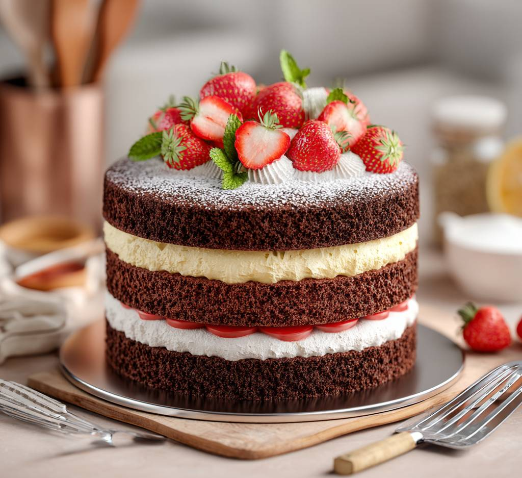 Irresistible Neapolitan Cake to Satisfy Your Sweet Cravings 3 Stacking the chocolate, vanilla, and strawberry cake layers before frosting