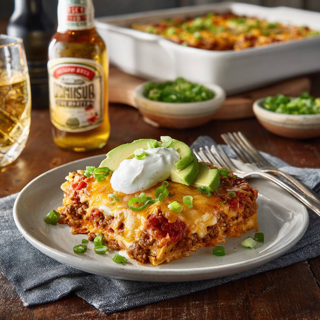 Slice of taco casserole served on a white plate with sour cream and avocado slices
